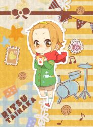 Rule 34 | 1girl, bad id, bad pixiv id, brown eyes, brown hair, character name, chicken (food), chicken nuggets, food, forehead, hairband, highres, k-on!, outline, red scarf, scarf, short hair, shorts, sunameri oishii, tainaka ritsu, aged down