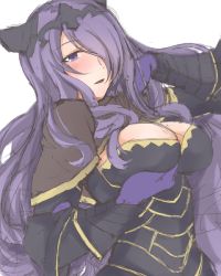 Rule 34 | 1girl, bad id, bad pixiv id, blush, breast hold, breasts, camilla (fire emblem), cleavage, fire emblem, fire emblem fates, gloves, hair over one eye, large breasts, long hair, looking at viewer, nametake, nametake (nekoyasya12172), nintendo, open mouth, purple eyes, purple hair, simple background, solo, upper body, white background