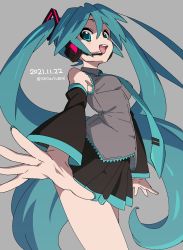 Rule 34 | 1girl, aqua eyes, aqua hair, aqua nails, aqua necktie, bare shoulders, black skirt, black sleeves, cowboy shot, dated, detached sleeves, from below, grey background, grey shirt, hair ornament, hatsune miku, headphones, headset, highres, long hair, looking at viewer, looking down, looking to the side, miniskirt, nail polish, necktie, open mouth, pleated skirt, satou asuka, shirt, skirt, sleeveless, sleeveless shirt, smile, solo, standing, thighs, twintails, twintails day, twitter username, very long hair, vocaloid