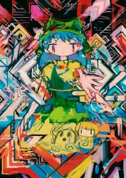 Rule 34 | 1girl, abstract, abstract background, blue hair, colorful, green headwear, haniyasushin keiki, hito (nito563), joutouguu mayumi, looking at viewer, reaching, reaching towards viewer, red eyes, smile, solo, touhou, upper body, wily beast and weakest creature