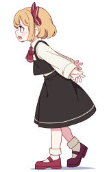 Rule 34 | 1girl, absurdres, black skirt, black vest, blonde hair, collared shirt, from side, full body, hair ribbon, highres, kame (kamepan44231), long sleeves, looking ahead, open mouth, red eyes, red footwear, red ribbon, ribbon, rumia, shirt, shoes, short hair, simple background, skirt, socks, solo, touhou, vest, white background, white shirt, white socks