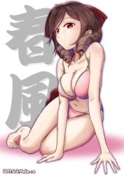 Rule 34 | 10s, 1girl, 2017, arm support, bad anatomy, barefoot, bikini, blush, bow, breasts, brown hair, cameltoe, character name, cleavage, dated, drill hair, hair bow, harukaze (kancolle), kantai collection, large breasts, long hair, looking at viewer, moke ro, navel, pink bikini, red bow, red eyes, sitting, smile, solo, swimsuit, twin drills, yokozuwari