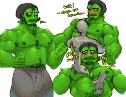 Rule 34 | 2boys, absurdres, arctavius, armpit hair, armpit hair peek, bara, belly grab, between pecs, between pectorals, blush, bulge, chest hair, clenched hand, colored skin, cropped torso, disembodied hand, english text, feeling muscles, feet out of frame, grass boy, green skin, hairy, hand on own hip, head between pecs, highres, jitome, large pectorals, male focus, mature male, meme, monster boy, motion lines, multiple boys, multiple views, muscular, muscular male, mustache, navel, navel hair, nipples, original, pants, pectorals, plant boy, short hair, shy, simple background, sparse chest hair, stomach, strongman waist, thick eyebrows, thick mustache, topless male, touch grass (meme), track pants, yaoi