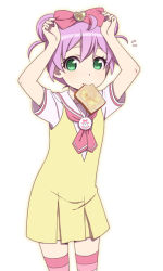 Rule 34 | 1girl, adjusting bow, blush, bow, bread slice, butter, cowboy shot, double bun, food, food in mouth, green eyes, hair bow, hair bun, looking at viewer, manaka laala, mattaku mousuke, mouth hold, pretty series, pripara, purple hair, short hair, simple background, solo, sweatdrop, toast, toast in mouth, white background