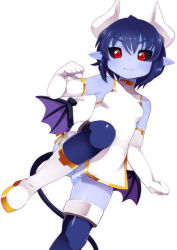 Rule 34 | 1girl, black sclera, blue skin, breasts, censored, cleft of venus, colored sclera, colored skin, demon girl, demon tail, elbow gloves, gloves, gluteal fold, halterneck, horns, leg up, lillithlauda, no panties, original, pointy ears, pussy, red eyes, seizaverus, shinrabanshou, smile, solo, tail, thighhighs, wings, zettai ryouiki