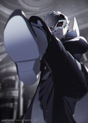 Rule 34 | 1boy, amamiya ren, black coat, black pants, blurry, blurry background, blurry foreground, btmr game, closed mouth, coat, crossed arms, eye mask, hair between eyes, high collar, highres, kicking, incoming kick, looking at viewer, male focus, mask, pants, persona, persona 5, red eyes, signature, solo, twitter username, white mask