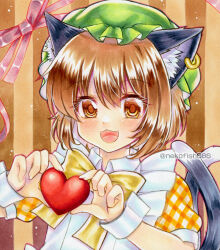 Rule 34 | 1girl, :3, :d, alternate costume, animal ear fluff, animal ear piercing, animal ears, blush, bow, bowtie, brown background, brown eyes, brown hair, cat ears, cat tail, chen, commentary request, double-parted bangs, earrings, eyelashes, fang, fingernails, frills, green hat, hair between eyes, hands up, hat, heart, holding, holding heart, jewelry, looking at viewer, mob cap, multiple tails, nekofish666, nekomata, open mouth, plaid clothes, plaid shirt, puffy short sleeves, puffy sleeves, shirt, short hair, short sleeves, simple background, single earring, smile, solo, tail, touhou, traditional media, two tails, unmoving pattern, upper body, wing collar, wrist cuffs, yellow bow, yellow bowtie