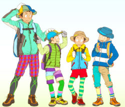 Rule 34 | 4boys, backpack, bad id, bad pixiv id, bag, black hair, blush, from behind, full body, hat, height difference, jacket, leggings, lineup, male focus, multiple boys, original, patterned legwear, shoes, short hair, shorts, smile, sneakers, socks, striped clothes, striped legwear, striped socks, torte (triggerhappy)