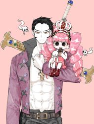 Rule 34 | 1boy, 1girl, abs, absurdres, age difference, aged down, artist request, black hair, child, crown, devil fruit, dracule mihawk, dress, drill hair, empty eyes, food, ghost, hair ornament, highres, huge weapon, ice cream, long hair, nude, one piece, open clothes, open shirt, pectorals, perona, pink hair, short hair, simple background, size difference, standing, stuffed toy, sword, thick thighs, thighhighs, thighs, twintails, very long hair, weapon, yellow eyes, yoru (one piece)