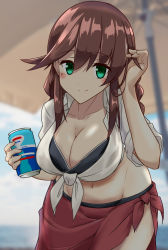 Rule 34 | 1girl, blush, braid, breasts, brown hair, can, cleavage, green eyes, highres, holding, holding can, kantai collection, large breasts, looking at viewer, midriff, navel, noshiro (kancolle), shiba (zudha), smile, solo, swept bangs, swimsuit, twin braids