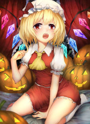 Rule 34 | 1girl, :o, absurdres, ascot, bat wings, between thighs, blonde hair, bow, curtains, fang, flandre scarlet, frills, halloween, hat, highres, jack-o&#039;-lantern, looking at viewer, multicolored wings, no shoes, open mouth, pumpkin, red bow, red eyes, red skirt, ribbon, rokukatamari, short hair, side ponytail, sitting, skirt, skirt set, solo, thighs, touhou, white legwear, wings
