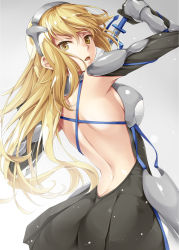 Rule 34 | &gt;:o, 10s, 1girl, :o, aiz wallenstein, arched back, arm up, armor, armored dress, ass, back, backless dress, backless outfit, bare back, black dress, black gloves, blonde hair, breastplate, breasts, dress, dungeon ni deai wo motomeru no wa machigatteiru darou ka, elbow gloves, female focus, gloves, hair between eyes, hairband, headgear, headpiece, holding, holding sword, holding weapon, long hair, looking at viewer, looking back, matching hair/eyes, medium breasts, mukunokino isshiki, multicolored clothes, multicolored dress, open mouth, pleated dress, serious, sideboob, silver hairband, solo, sword, sword oratoria, v-shaped eyebrows, waist plate, waistplate, weapon, yellow eyes