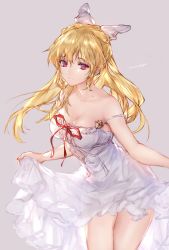 Rule 34 | 1girl, bare shoulders, blonde hair, breasts, cleavage, clothes lift, collarbone, dress, dress lift, empty eyes, granblue fantasy, hair ribbon, highres, leaning forward, long hair, medium breasts, michudx, pink eyes, ribbon, signature, simple background, smile, solo, standing, vira (granblue fantasy)