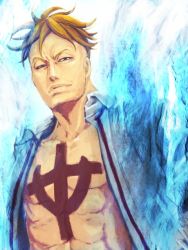 Rule 34 | 1boy, abs, blonde hair, blue fire, fire, jolly roger, male focus, marco (one piece), muscular, one piece, open clothes, open shirt, pirate, shirt, solo, tattoo