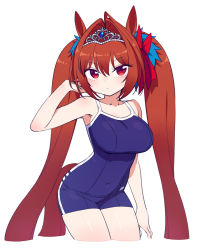 Rule 34 | 1girl, animal ears, bare shoulders, blue one-piece swimsuit, blush, breasts, brown hair, chan co, collarbone, daiwa scarlet (umamusume), hair intakes, highres, horse ears, horse girl, horse tail, large breasts, long hair, looking at viewer, one-piece swimsuit, red eyes, scowl, simple background, solo, swimsuit, tail, thighs, tiara, twintails, umamusume, very long hair, white background