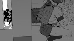 1boy 1girl backpack bag barbarian_tk fellatio greyscale heart hetero kodomo_doushi long_hair monochrome oral original paid_reward_available ponytail randoseru school squatting sweat testicles