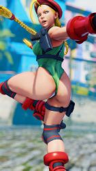 Rule 34 | 1girl, 3d, absurdres, antenna hair, ass, bare shoulders, blonde hair, blue eyes, braid, breasts, cammy white, clenched hand, covered navel, curvy, full body, gloves, green leotard, hat, highleg, highleg leotard, highres, huge ass, jumping, leg up, leotard, lips, long hair, looking to the side, medium breasts, open mouth, red gloves, red hat, ryona, screencap, shiny clothes, solo, street fighter, street fighter v, thighs, third-party edit, thong leotard, twin braids, very long hair, wide hips