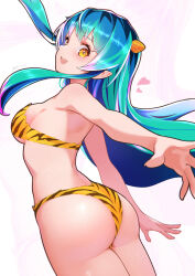 Rule 34 | 1girl, absurdres, animal print, ass, bare arms, bare shoulders, bikini, blue hair, blush, breasts, commentary, cone horns, floating hair, from side, green hair, heart, highres, horns, itou kazuki, large breasts, long hair, looking at viewer, lum, multicolored hair, oni, open hands, open mouth, outstretched arm, pink hair, pointy ears, print bikini, purple hair, sideways mouth, signature, simple background, smile, solo, strapless, strapless bikini, swimsuit, teeth, tiger print, turning head, upper teeth only, urusei yatsura, very long hair, white background, yellow bikini, yellow eyes, yellow horns