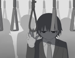 Rule 34 | 1boy, absurdres, avogado6, bags under eyes, black eyes, black hair, black suit, collared shirt, commentary, empty eyes, formal, grey background, grey necktie, hand grip, highres, implied suicide, jitome, long sleeves, looking down, monochrome, necktie, noose, original, reaching, shadow, shirt, short hair, simple background, solo focus, suit, train interior, white shirt