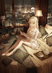 Rule 34 | 1girl, alcohol, antique phone, bag, barefoot, blonde hair, book, box, breasts, candle, choppy bangs, city lights, cityscape, cup, cushion, dress, envelope, flower, full body, handbag, highres, lamp, long hair, looking at viewer, medium breasts, nightstand, on bed, open mouth, original, phone, pillow, plant, potted plant, reading, rose, rotary phone, sidelocks, sitting, tamitami, teacup, teapot, tray, whiskey, white dress, white flower, white rose, window, yellow eyes