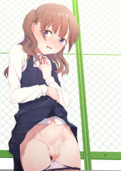 Rule 34 | 1boy, blue eyes, blush, brown hair, censored, clothes lift, collared shirt, crossdressing, dress, dress lift, embarrassed, erection, hokuro ryuuseigun, junior (hokuro ryuuseigun), lifted by self, long hair, male focus, mosaic censoring, open mouth, original, outdoors, panties, panty pull, penis, pinafore dress, pleated dress, precum, precum string, school uniform, shirt, sleeveless, sleeveless dress, small penis, solo, sweat, testicles, trap, two side up, underwear, white shirt