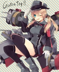 Rule 34 | 10s, 1girl, ;d, anchor hair ornament, black ribbon, black skirt, black thighhighs, blonde hair, blue eyes, blush, cross, german text, gloves, hair ornament, hair ribbon, hat, hitona12, iron cross, kantai collection, long hair, long sleeves, microskirt, military, military uniform, motion lines, one eye closed, open mouth, over-kneehighs, peaked cap, pleated skirt, prinz eugen (kancolle), ribbon, skirt, smile, solo, striped, striped background, thighhighs, translated, turret, twintails, uniform, white gloves