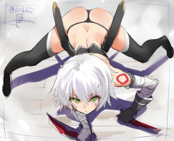 Rule 34 | 1girl, all fours, ass, bandaged arm, bandages, black gloves, black panties, black thighhighs, dual wielding, fate/grand order, fate (series), full body, gloves, green eyes, hair between eyes, holding, holding weapon, isshiki (ffmania7), jack the ripper (fate/apocrypha), looking at viewer, panties, scar, shadow, short hair, signature, single glove, solo, thighhighs, twitter username, underwear, unfinished, weapon, white hair