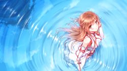 Rule 34 | 10s, 1girl, aincrad, asuna (sao), bad id, bad pixiv id, bare shoulders, brown hair, detached sleeves, from above, half updo, highres, hiten (hitenkei), long hair, looking at viewer, looking up, pleated skirt, reflection, ripples, skirt, solo, sword, sword art online, thighhighs, wading, wallpaper, water, weapon, white thighhighs