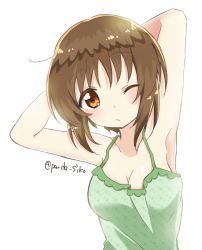 Rule 34 | 10s, 1girl, armpits, arms behind head, breasts, brown eyes, brown hair, camisole, cleavage, closed mouth, colored pencil (medium), commentary, girls und panzer, green shirt, highres, leaning to the side, light frown, looking at viewer, medium breasts, nishizumi miho, no bra, one eye closed, parda siko, print shirt, shirt, short hair, simple background, solo, standing, traditional media, twitter, upper body, white background