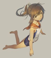Rule 34 | 10s, 1girl, bare shoulders, barefoot, benitama, blush, brown eyes, brown hair, full body, i-401 (kancolle), kantai collection, looking at viewer, one-piece swimsuit, open mouth, personification, ponytail, sailor collar, school swimsuit, school uniform, short hair, short ponytail, simple background, solo, swimsuit