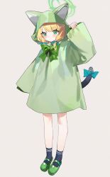 Rule 34 | 1girl, absurdres, alternate costume, black socks, blonde hair, blue archive, blush, bow, cat tail, closed mouth, dress, full body, green bow, green dress, green eyes, green footwear, green halo, hair bow, halo, highres, hood, hood up, long sleeves, looking at viewer, measho, midori (blue archive), shoes, short hair, simple background, socks, solo, tail, white background, wide sleeves