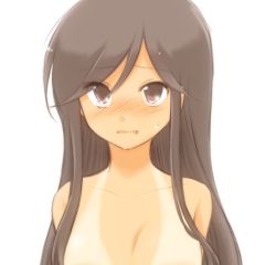 Rule 34 | 1girl, a channel, bad id, bad pixiv id, black eyes, black hair, blush, collarbone, long hair, looking at viewer, natsushi, nishi yuuko, nude, simple background, solo, sweatdrop, tan, tanline, upper body, white background