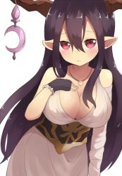 Rule 34 | 10s, 1girl, bandaged arm, bandages, black gloves, blush, breasts, cleavage, crescent, danua, draph, dress, female focus, fingerless gloves, gloves, granblue fantasy, hair between eyes, hand on own chest, horn ornament, horns, ichijou (kr neru0), jewelry, large breasts, long hair, necklace, pink eyes, pointy ears, purple hair, simple background, solo, white background, white dress