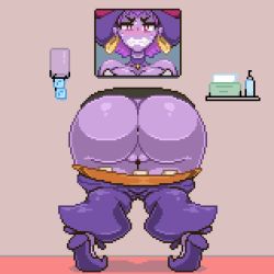 Rule 34 | 1girl, anus, ass, back, blush, clothes, colored skin, countmoxi, ear piercing, female focus, hat, huge ass, looking back, piercing, pirate, pixel art, purple hair, purple skin, pussy, red eyes, risky boots, shantae (series), solo, stuck