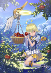 Rule 34 | 1girl, ahoge, angel, apple, aro (charged time out), bad id, bad pixiv id, basket, blonde hair, cloud, corset, day, detached wings, closed eyes, floating, floating object, food, fruit, halo, original, short hair, sitting, skirt, sky, smile, solo, tree, wariza, wings