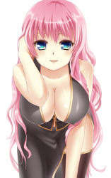 Rule 34 | 1girl, aqua eyes, bad id, bad pixiv id, bare shoulders, black thighhighs, blush, breasts, cleavage, female focus, large breasts, leaning forward, long hair, megurine luka, open mouth, pink hair, sexually suggestive, shiny skin, shiramori yuse, solo, thighhighs, very long hair, vocaloid, white background