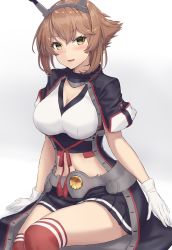 Rule 34 | 1girl, black coat, black skirt, blush, breasts, brown hair, cleavage, coat, commentary request, feet out of frame, gloves, green eyes, hair between eyes, headgear, highres, kantai collection, large breasts, long coat, monoku, mutsu (kancolle), mutsu kai ni (kancolle), navel, open mouth, pleated skirt, red thighhighs, short hair, skirt, smile, solo, thighhighs, white gloves