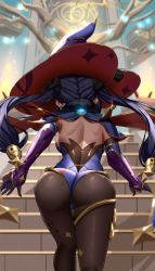 Rule 34 | 1girl, absurdres, ass, black pantyhose, blue leotard, cape, enma (enmanuelart), from behind, fur trim, genshin impact, gloves, hair ornament, hair ribbon, hat, highleg, highleg leotard, highres, legs, leotard, long sleeves, mona (genshin impact), pantyhose, purple hair, purple hat, ribbon, solo, stairs, standing, star (symbol), star hair ornament, thigh strap, twintails, wind, wind lift, witch hat