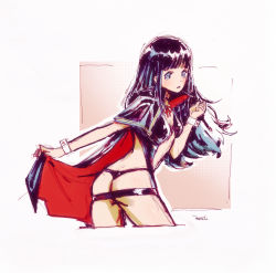 Rule 34 | 1girl, artist request, ass, belt, belt skirt, black cape, black capelet, black hair, black panties, blue eyes, cape, cape tug, capelet, clenched hand, cuff links, highres, hime cut, long hair, looking at viewer, looking back, nakoruru, panties, red cape, revealing clothes, snk, snk heroines: tag team frenzy, solo, thong, underwear, wrist cuffs