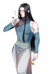 Rule 34 | 1boy, absurdres, ayuyaki, bare shoulders, black eyes, black hair, expressionless, feet out of frame, highres, holding, holding needle, hunter x hunter, illumi zoldyck, licking object, long hair, looking at viewer, male focus, needle, pale skin, pectoral cleavage, pectorals, saliva, sleeveless, solo, toned, toned male