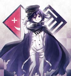 Rule 34 | 1boy, absurdres, black cape, black hat, buttons, cape, checkered clothes, checkered scarf, danganronpa (series), danganronpa v3: killing harmony, double-breasted, feet out of frame, flipped hair, grin, hair between eyes, hand up, hat, highres, holding, holding clothes, holding hat, jacket, kokonoe mituru, multicolored background, oma kokichi, pants, purple cape, purple eyes, purple hair, scarf, smile, solo, teeth, torn cape, torn clothes, white jacket, white pants