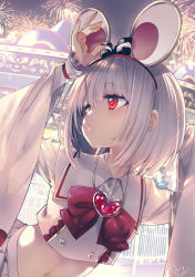 Rule 34 | 1girl, :o, animal ears, arms up, black bow, blush, bob cut, bow, bowtie, brooch, crop top, fake animal ears, fireworks, frilled sleeves, frills, gem, granblue fantasy, hair bow, hairband, heart, heart brooch, highres, jewelry, kamizuki shiki, long sleeves, looking away, looking to the side, mouse ears, navel, night, outdoors, parted lips, red bow, red bowtie, red eyes, red gemstone, red hairband, short hair, signature, silver hair, solo, upper body, vikala (granblue fantasy)