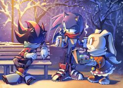 Rule 34 | 1girl, 2boys, 9raviolly, alternate costume, branch, brown eyes, coffee cup, commentary, cream the rabbit, cup, disposable cup, doughnut, english commentary, food, gloves, green eyes, green scarf, holding, holding cup, multiple boys, night, on bench, outdoors, red scarf, scarf, shadow the hedgehog, sleeping, smile, snow, snowing, sonic (series), sonic the hedgehog, white gloves, winter, winter clothes