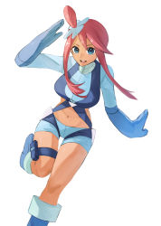 Rule 34 | 1girl, absurdres, arm up, blue eyes, blue footwear, blue gloves, blue shirt, blue shorts, boots, breasts, creatures (company), crop top, female focus, game freak, gloves, happy, highres, horezai, knee boots, knees together feet apart, leaning forward, leg up, long hair, long sleeves, looking at viewer, medium breasts, navel, nintendo, open mouth, pokemon, pokemon (creature), pokemon bw, pouch, red hair, salute, shirt, short shorts, shorts, sidelocks, simple background, skyla (pokemon), smile, solo, standing, standing on one leg, stomach, swept bangs, teeth, thigh gap, thigh strap, topknot, white background