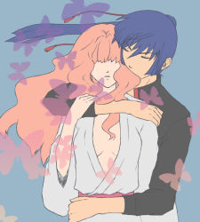 Rule 34 | 1boy, 1girl, blue hair, breasts, cleavage, couple, closed eyes, hair over eyes, hetero, holding another&#039;s wrist, hug, hug from behind, japanese clothes, kimono, koz, long hair, macross, macross frontier, no bra, pink hair, ponytail, saotome alto, sheryl nome, small breasts, tears, very long hair