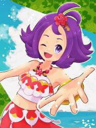 Rule 34 | 1girl, acerola (pokemon), acerola (sygna suit) (pokemon), blue sky, creatures (company), flower, game freak, hair flower, hair ornament, highres, looking at viewer, midriff, navel, nintendo, ocean, official alternate costume, one eye closed, open mouth, outstretched arm, pokemon, pokemon masters ex, purple eyes, purple hair, sky, smile, solo, tsugomori (sprn303)
