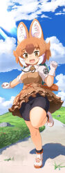 Rule 34 | 1girl, absurdres, animal ears, bike shorts, bike shorts under skirt, blush, breasts, brown hair, commission, dhole (kemono friends), dog ears, dog girl, dog tail, extra ears, full body, gloves, highres, japari symbol, kemono friends, kemono friends 3, koutsuu (koutuukanseikan), large breasts, looking at viewer, multicolored hair, official alternate costume, open mouth, outdoors, pixiv commission, shirt, short hair, skirt, smile, solo, tail, two-tone hair, white hair