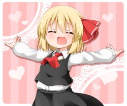 Rule 34 | 1girl, :d, ^ ^, blonde hair, closed eyes, fang, hair ribbon, heart, open mouth, outstretched arms, pink background, ribbon, rumia, shirt, short hair, skirt, smile, spread arms, striped, striped background, suwa yasai, touhou, vest