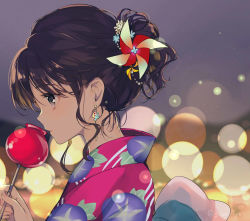 Rule 34 | 1girl, blurry, blurry background, brown hair, candy apple, earrings, eyes visible through hair, festival, food, from side, gin (oyoyo), grey eyes, hair ornament, holding, holding food, japanese clothes, jewelry, kimono, light particles, looking to the side, original, pinwheel, pinwheel hair ornament, ponytail, portrait, short ponytail, sidelocks, solo, twitter username, watermark, wavy hair, yukata