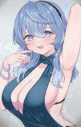 Rule 34 | 1girl, absurdres, ako (blue archive), ako (dress) (blue archive), annzuwann, armpits, backless dress, backless outfit, black hairband, blue archive, blue dress, blue eyes, blue hair, blue halo, blush, breasts, cleavage, dress, grey background, hair between eyes, hairband, halo, highres, large breasts, long hair, looking at viewer, official alternate costume, open mouth, sideboob, simple background, sleeveless, sleeveless dress, solo, spoken squiggle, squiggle